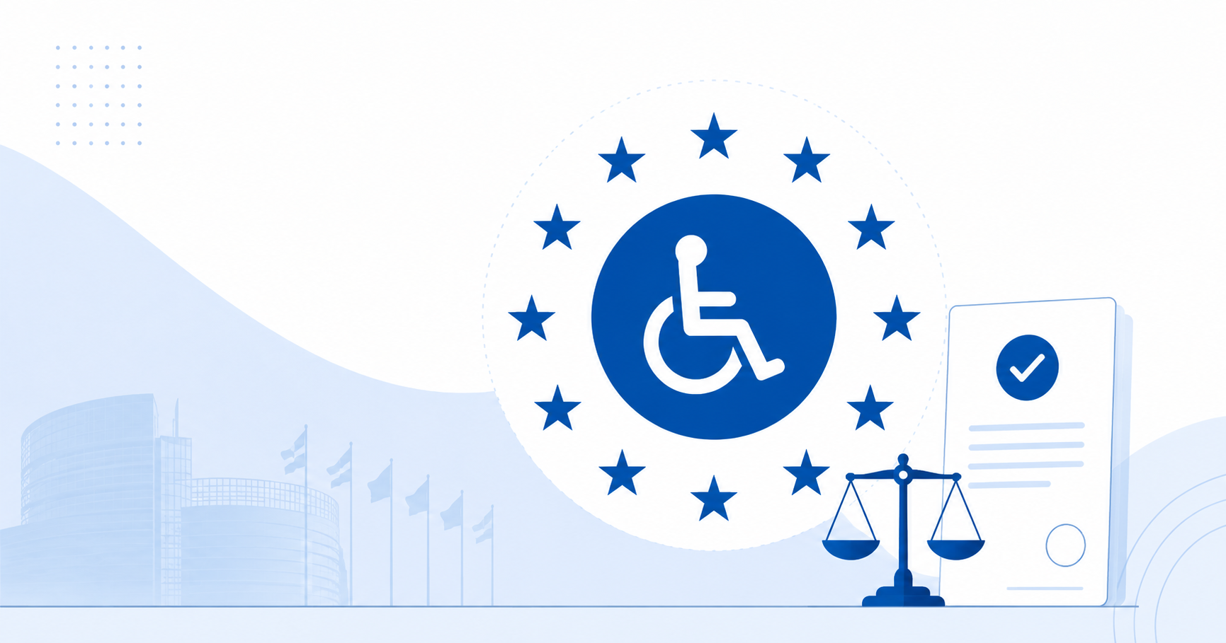 Ikona přístupnosti obklopená hvězdami EU s váhami spravedlnosti a dokumentem